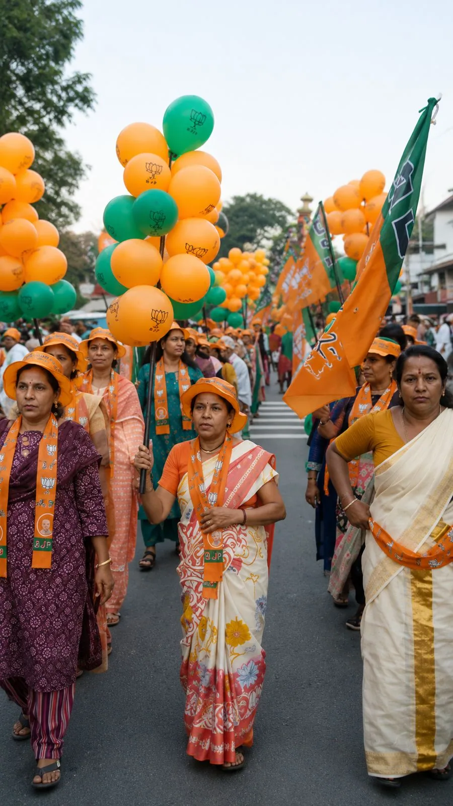 Women campaign workers carrying balloons and flags